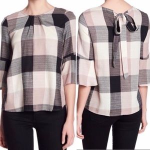 RO&DE Buffalo Plaid Tie Back Top Pink Black Ivory with Bow Accent 100% Cotton L